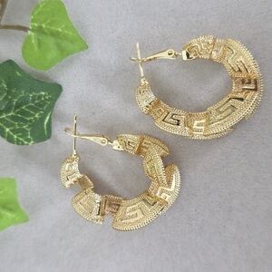 Gold Filled Oval Hoops Greek Key Ribbon Design